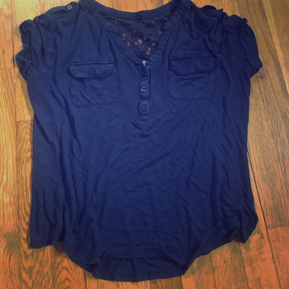 NY&CO Navy Blue Blouse With Lace Top, Size Med