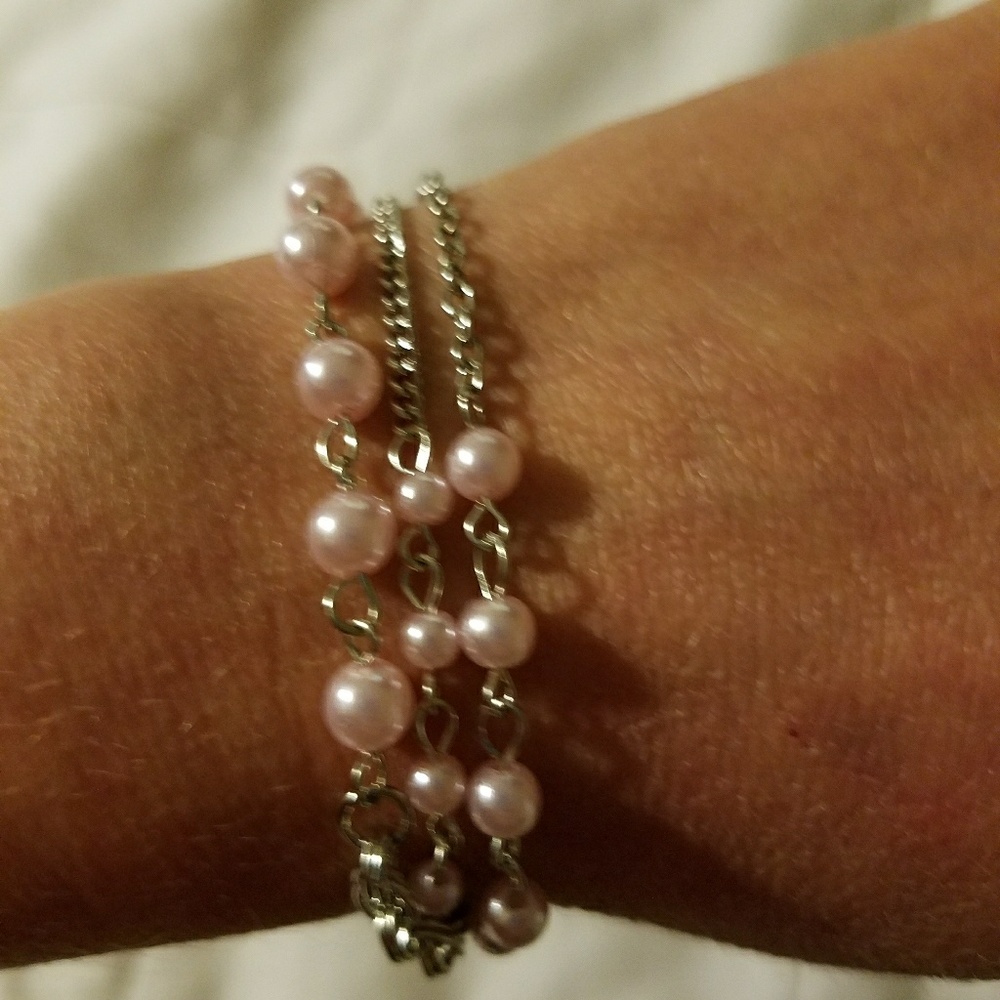 Pink faux pearls silver adjustable bracelet