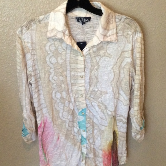 Feather abstract travel wear button down blouse