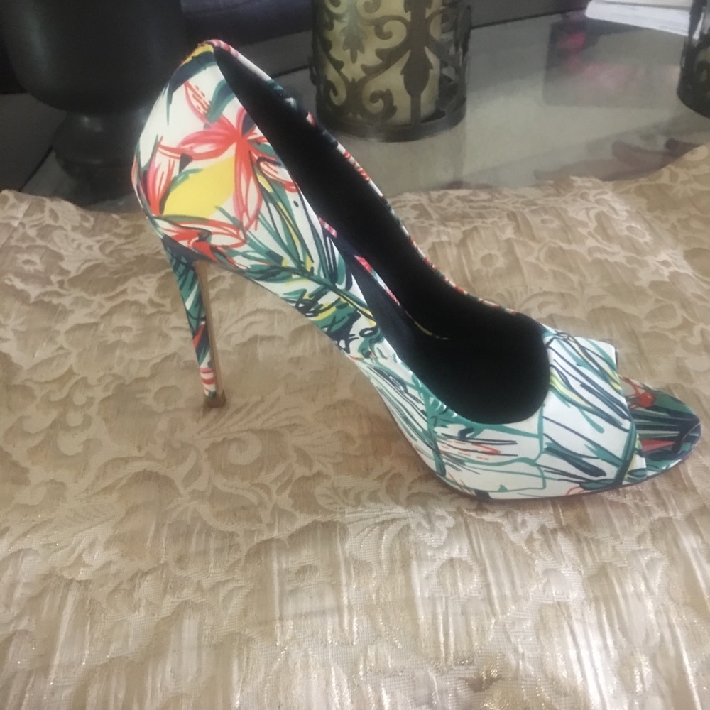 Floral multi-color open toe heels