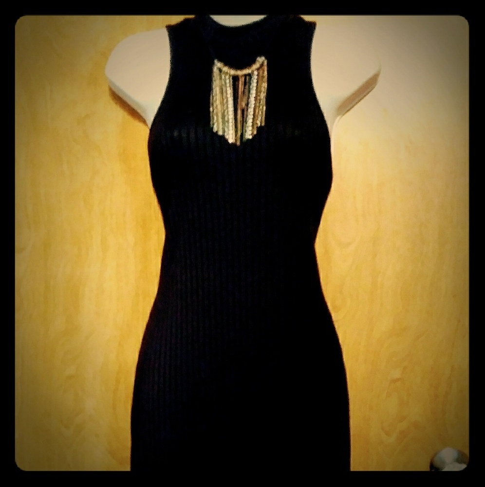 Black ribbed, sleeveless racerback, below knee