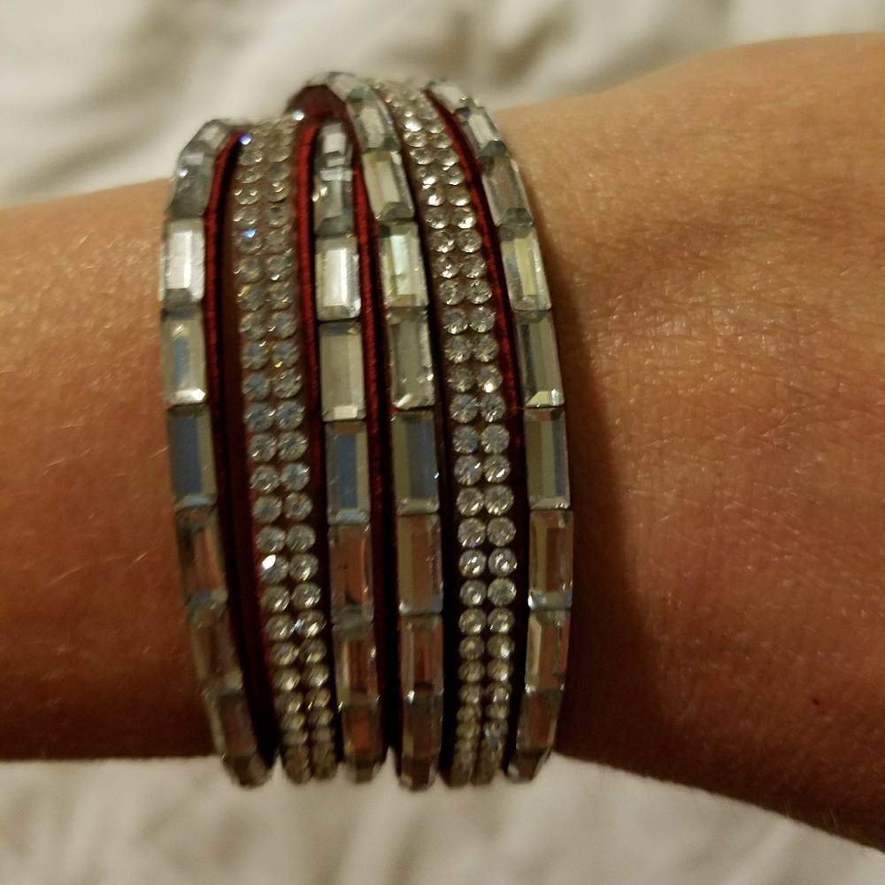 3 strand red suede, rhinestones wrap bracelet