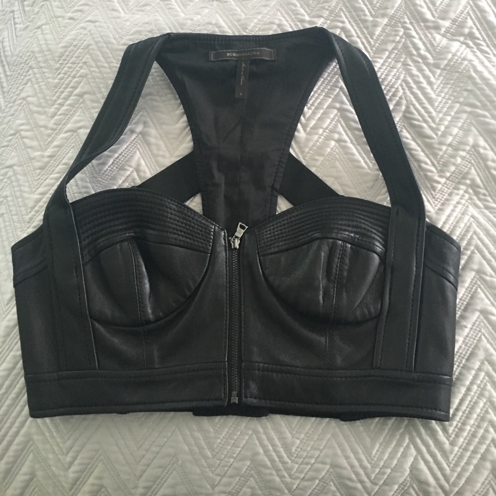 Bcbg genuine leather bustier with zip front