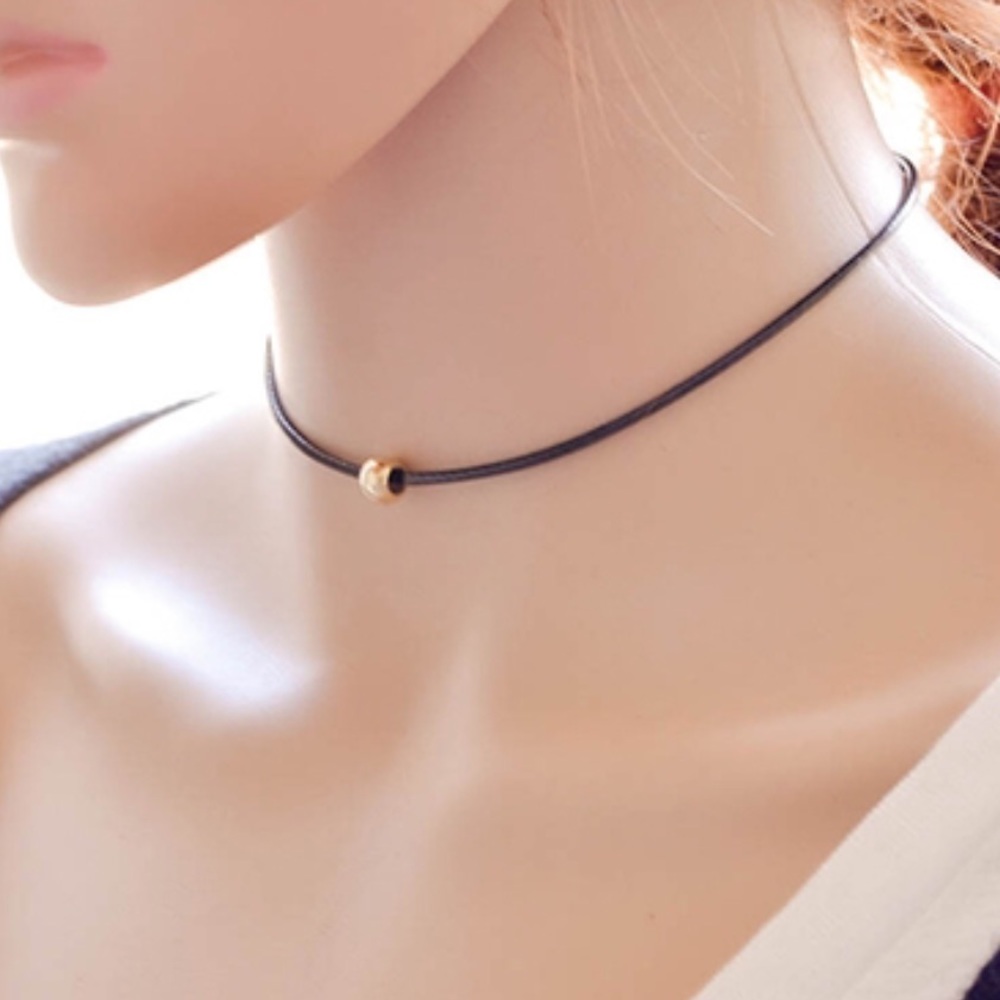 Black Rope Choker with Gold Bead Necklace