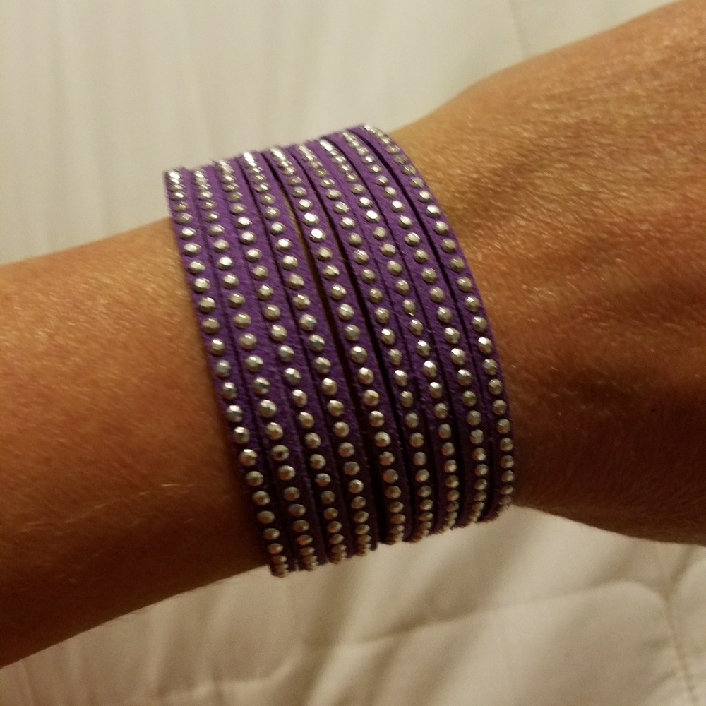 9 strand purple suede silver studs wrap bracelet