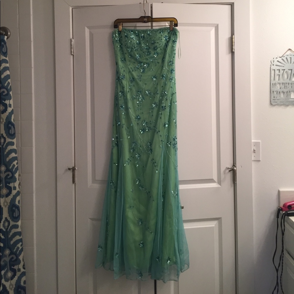 Strapless green/blue sequin prom dress