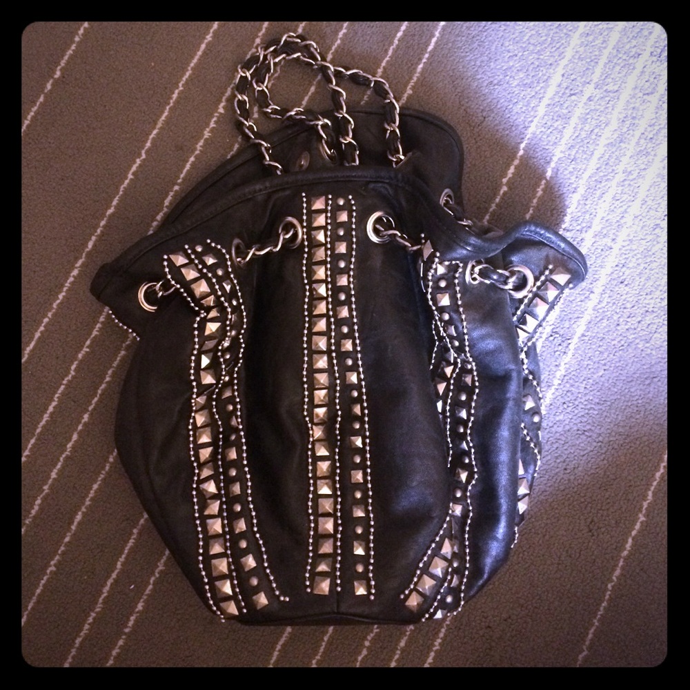 New Silver Metal studded black leather handbag