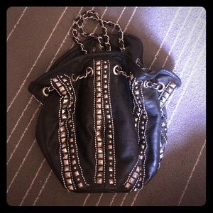 New Silver Metal studded black leather handbag