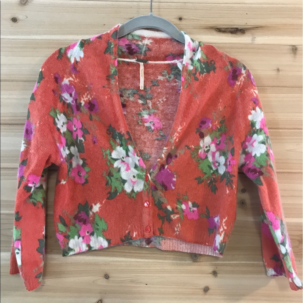 [Free People] Coral Wool Floral Crop Cardigan