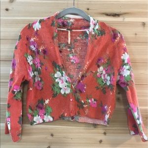 [Free People] Coral Wool Floral Crop Cardigan