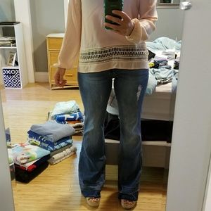 JustFab high waist frayed super flare jeans