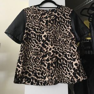 Leopard print T with faux leather sleeves