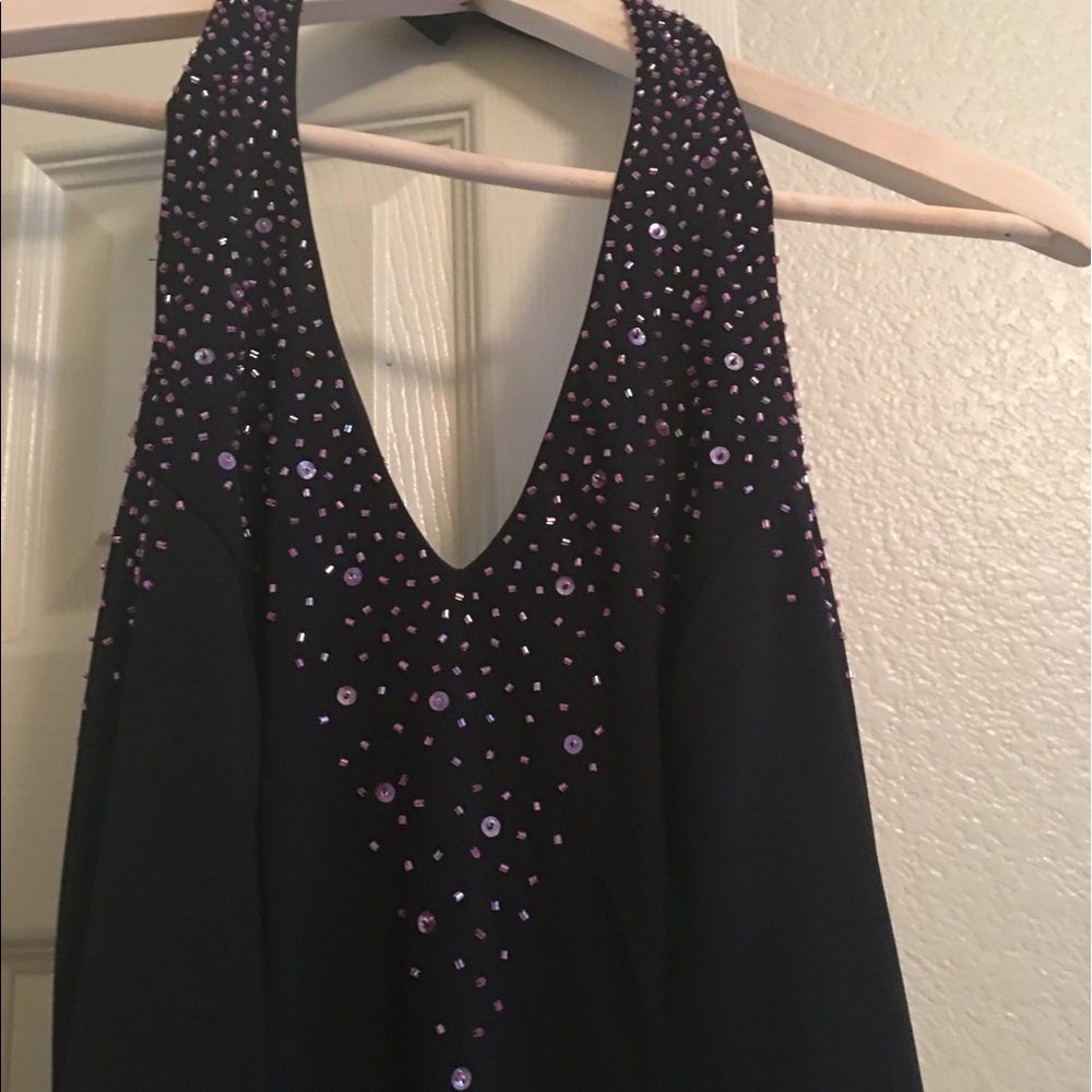 Full length formal black and lavender beaded dress