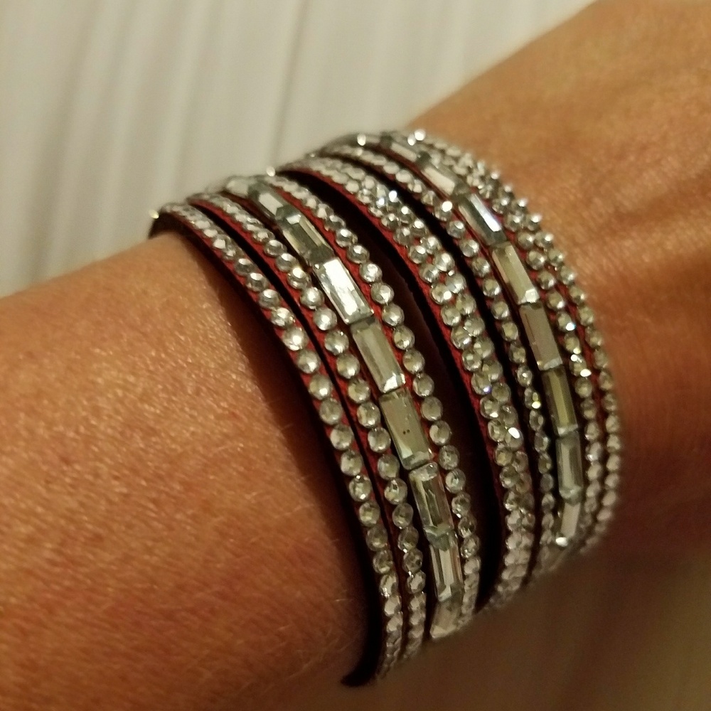 Red suede cuff style wrap bracelet with rhinestone