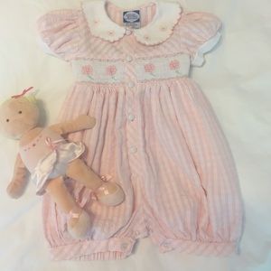 Smocked Pink Seersucker Romper Peter Pan Collar