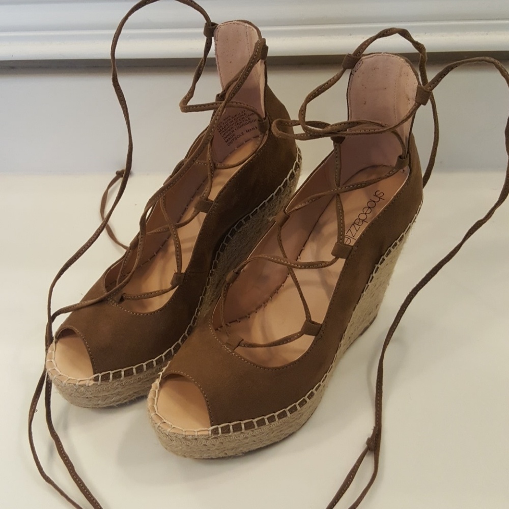 Tan Faux Suede Lace up Wedges size 7