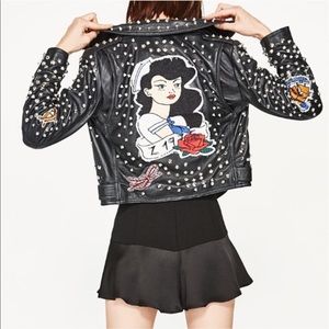 Zara Black Studded Patch Moto Biker Leather Jacket