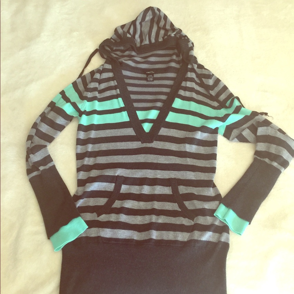 Rue 21 striped v-neck hooded sweater