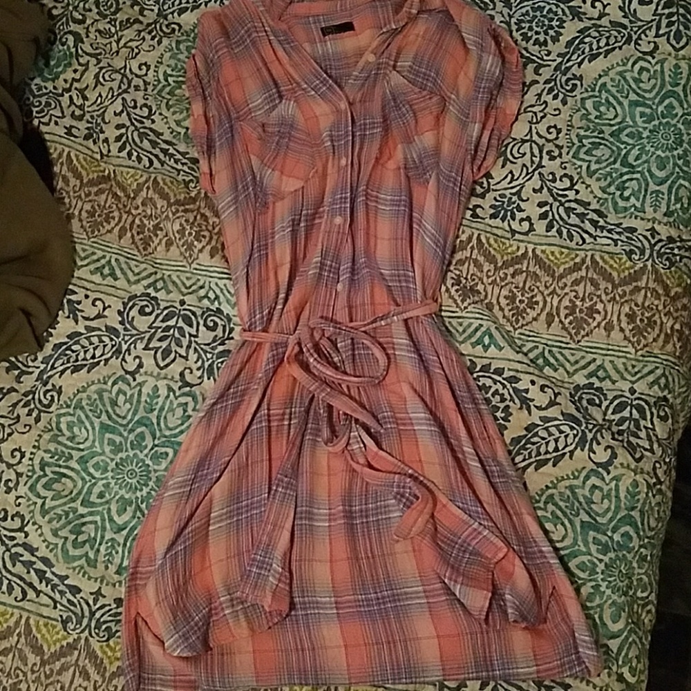 Pink and blue plaid button down dress