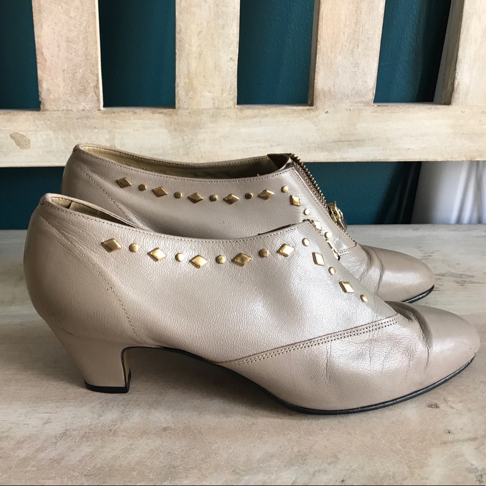 Taupe studded leather zip up heeled shooties