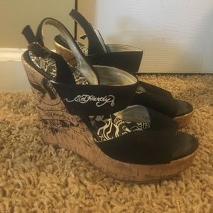 Ed Hardy Black Wedges size 8