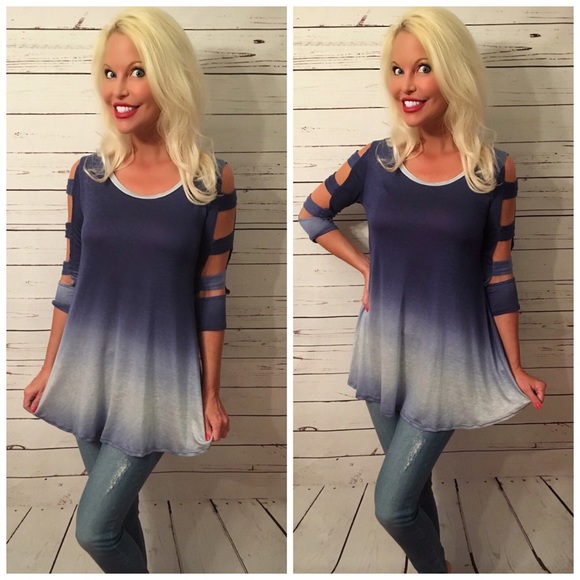 3qtr sleeve ombré blue ladder cut tunic! - Picture 2 of 3