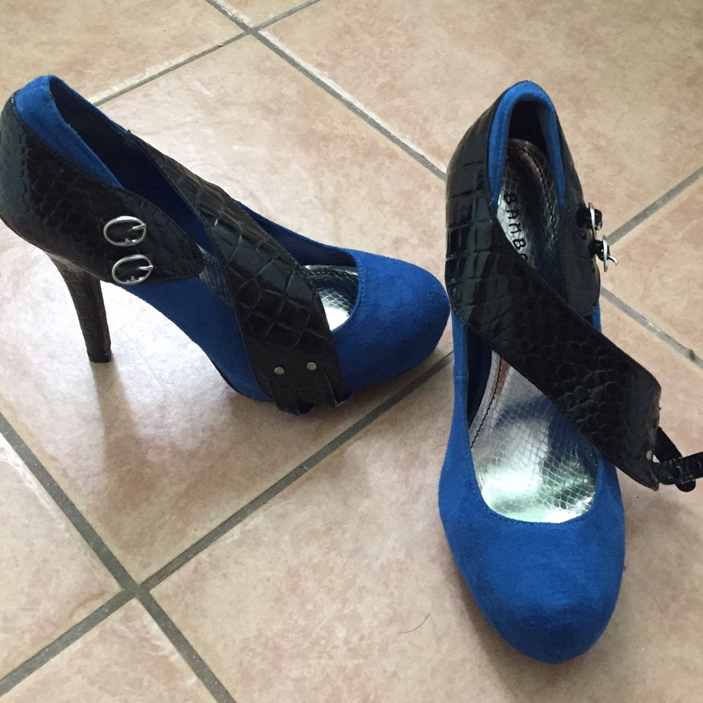 Blue and black high heels