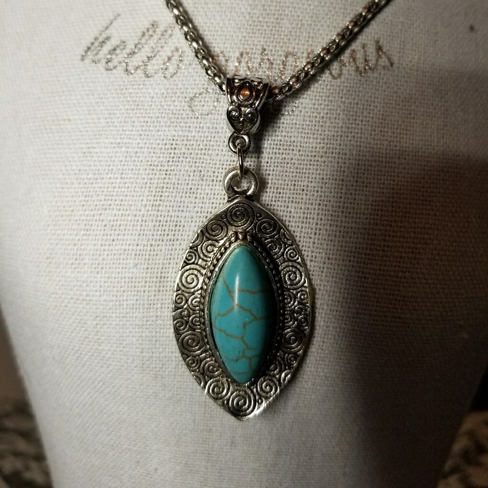 Turquoise Necklace Pendant Boho Tibetan Silver