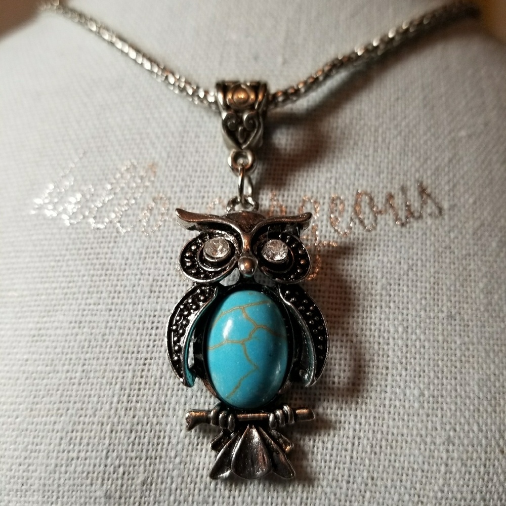 Turquoise  Necklace Owl Pendant Tibetan Silver