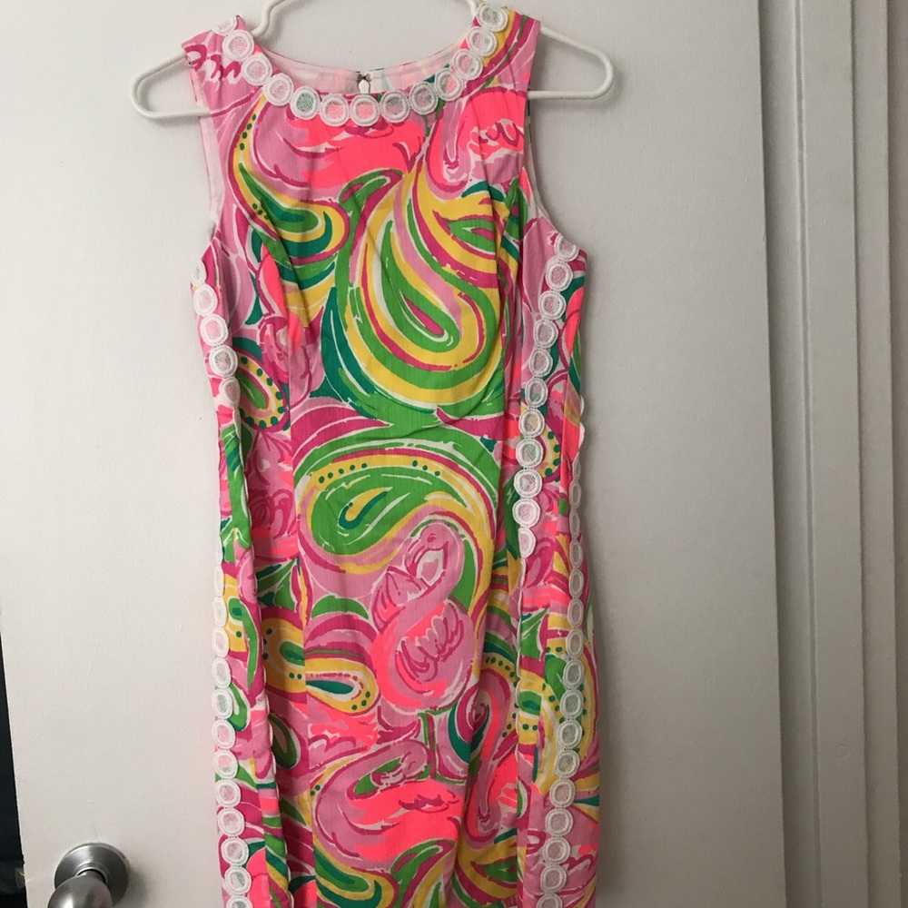 Lilly Pulitzer flamingo print shift dress.