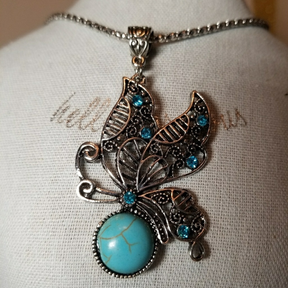 Turquoise Necklace  Butterfly Pendant Boho Tibetan