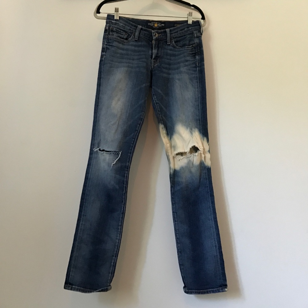 Distressed denim lucky jeans straight leg ripped