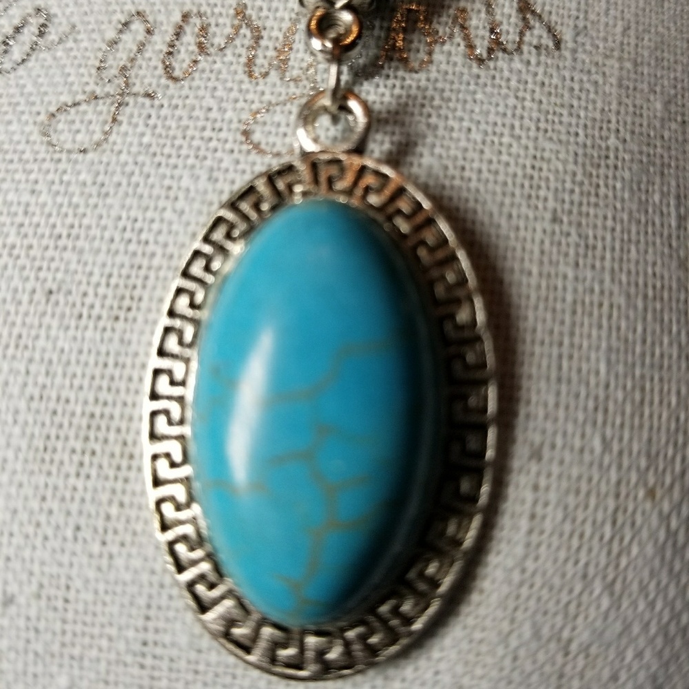 Turquoise Necklace Oval Pendant  Boho Silver