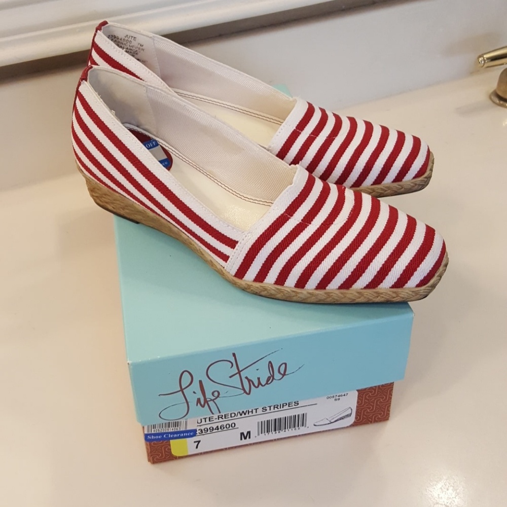Nautical Red White Striped Shoes size 7