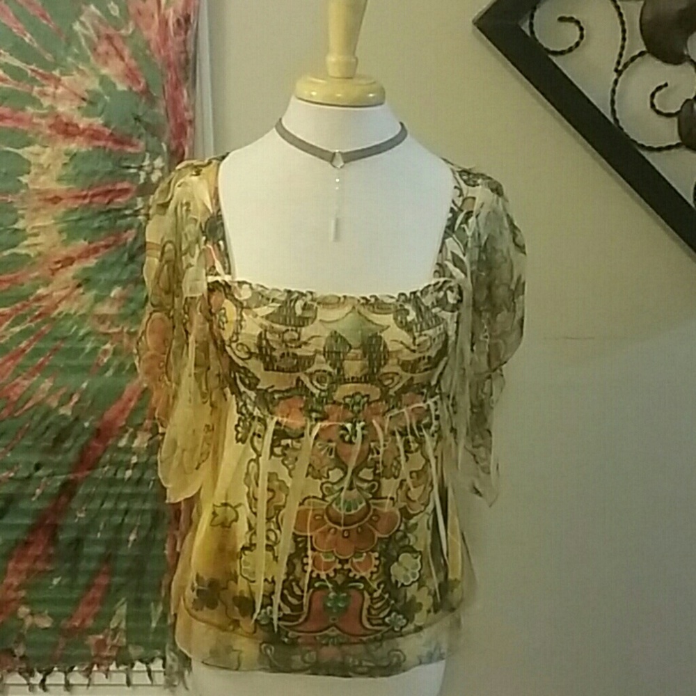Sheer flutter sleeve boho top Small