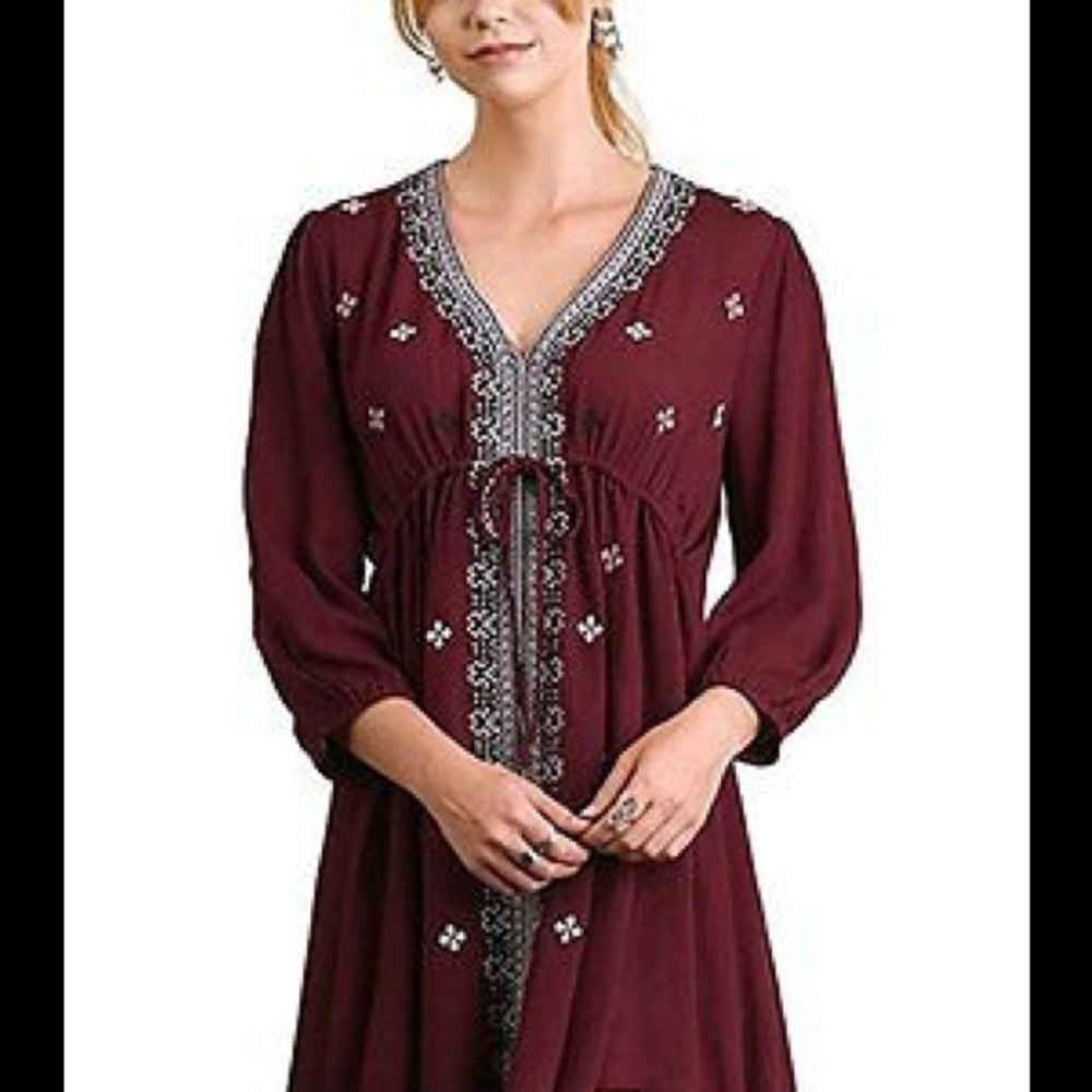 Umgee Boho Chic Embroidered V-Neck Tunic Dress