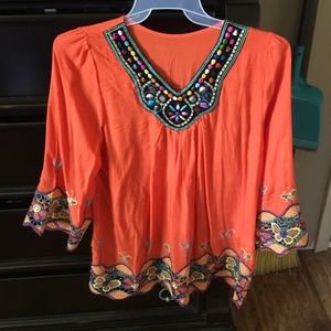 Orange Peruvian hand thread beaded blouse