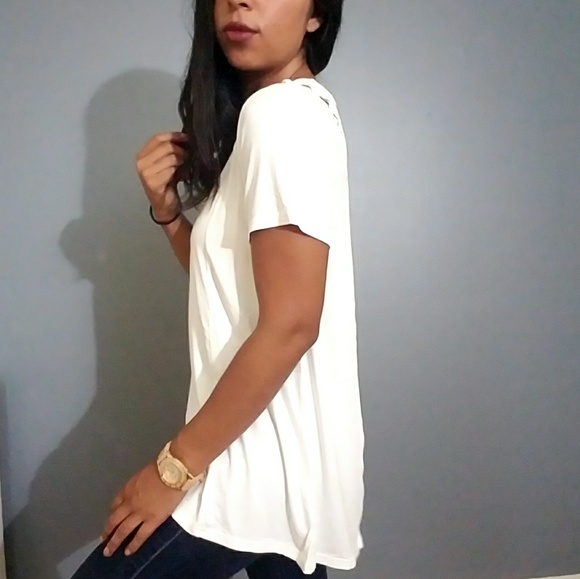 WHITE LACE UP SHOULDER TEE TOP - Picture 2 of 3