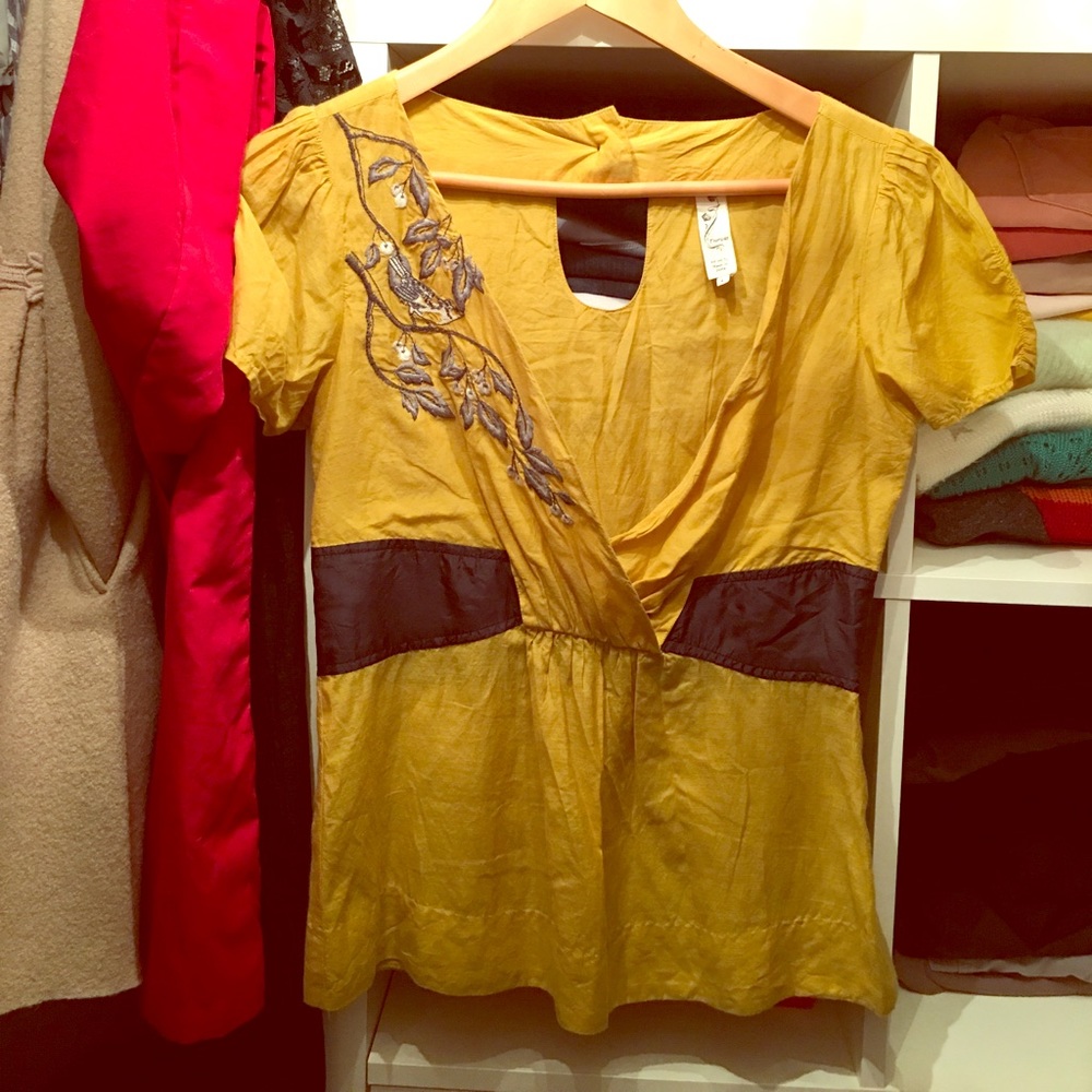Anthropologie Floreat mustard embroidered top