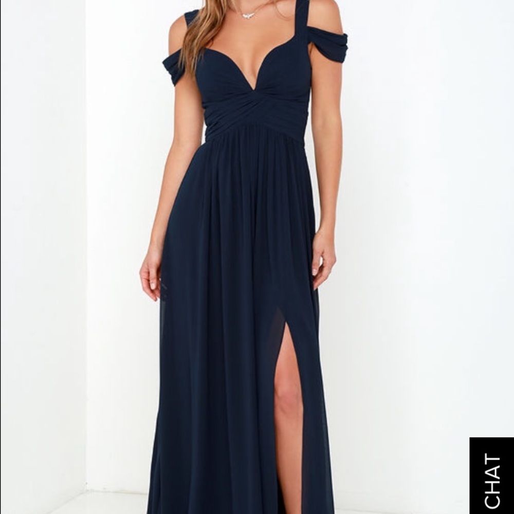 Lulus navy blue draped shoulder gown with slit