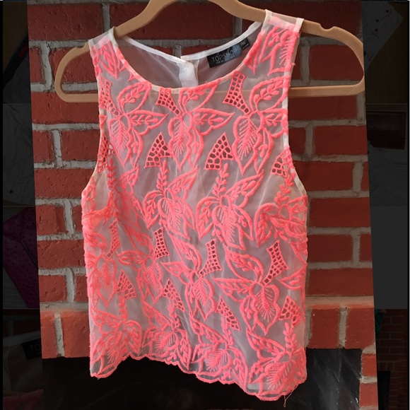 Topshop Tops - Sheer white and bright pink embroidered tank