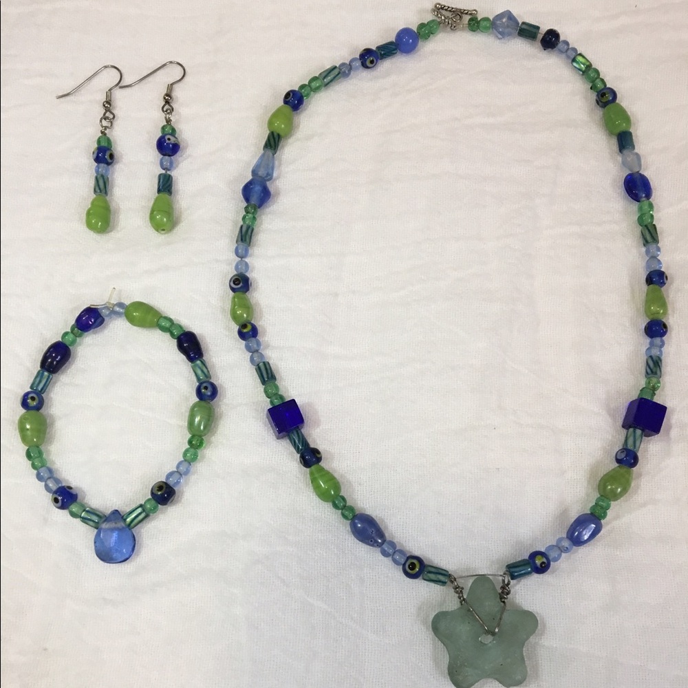 Necklace, bracelet, and earrings Blues/Greens