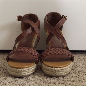 Brown Braided Leather Wedges