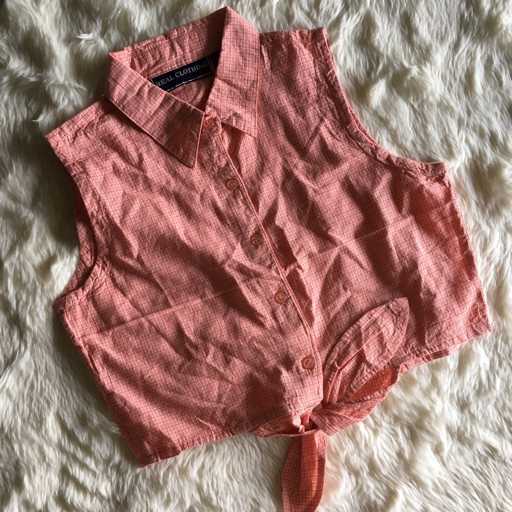 🍒Vintage Peach Checkered Tie Front Button Shirt🍒