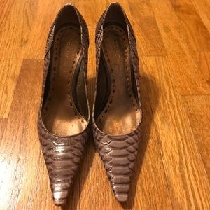 BCBGirls chocolate printed anaconda heels