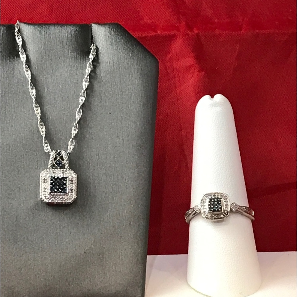 Real Blue & White Diamond Necklace/Ring Set