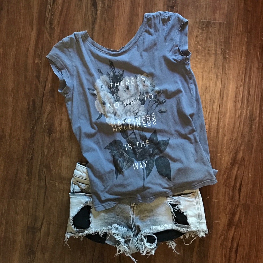 Graphic Tee with open overlapping drape back.