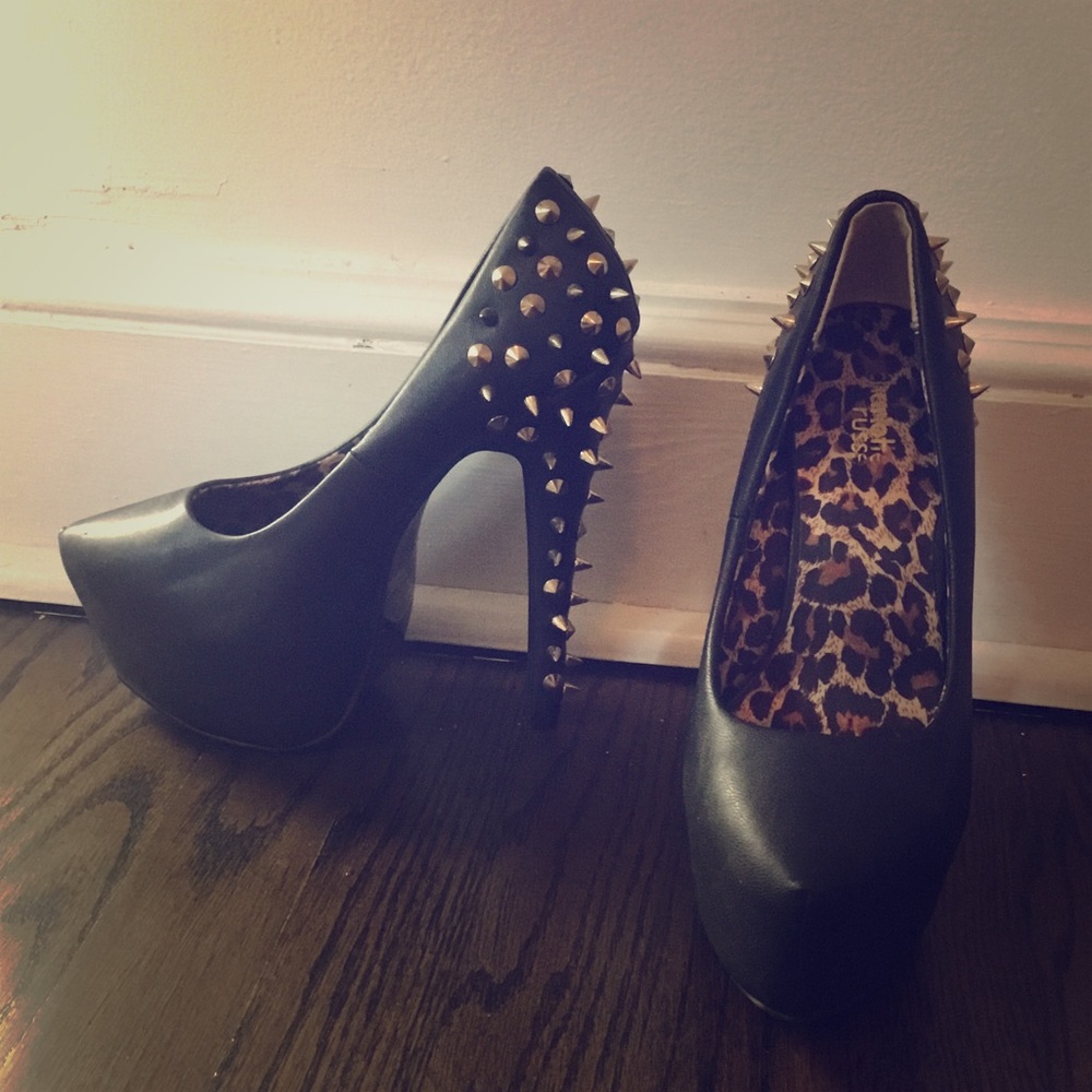 Black leather spiked platform heels