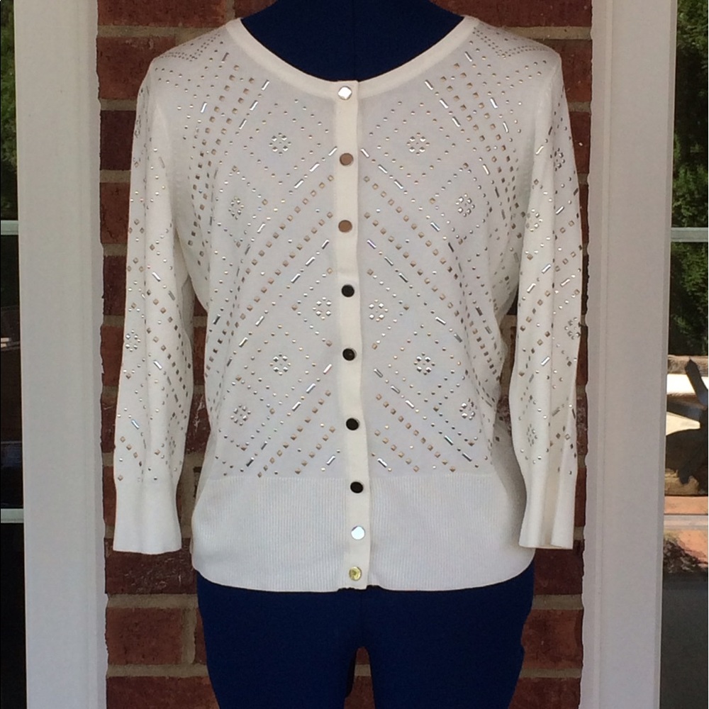 A cream WHBM 3-D jewel embroidered cardigan.