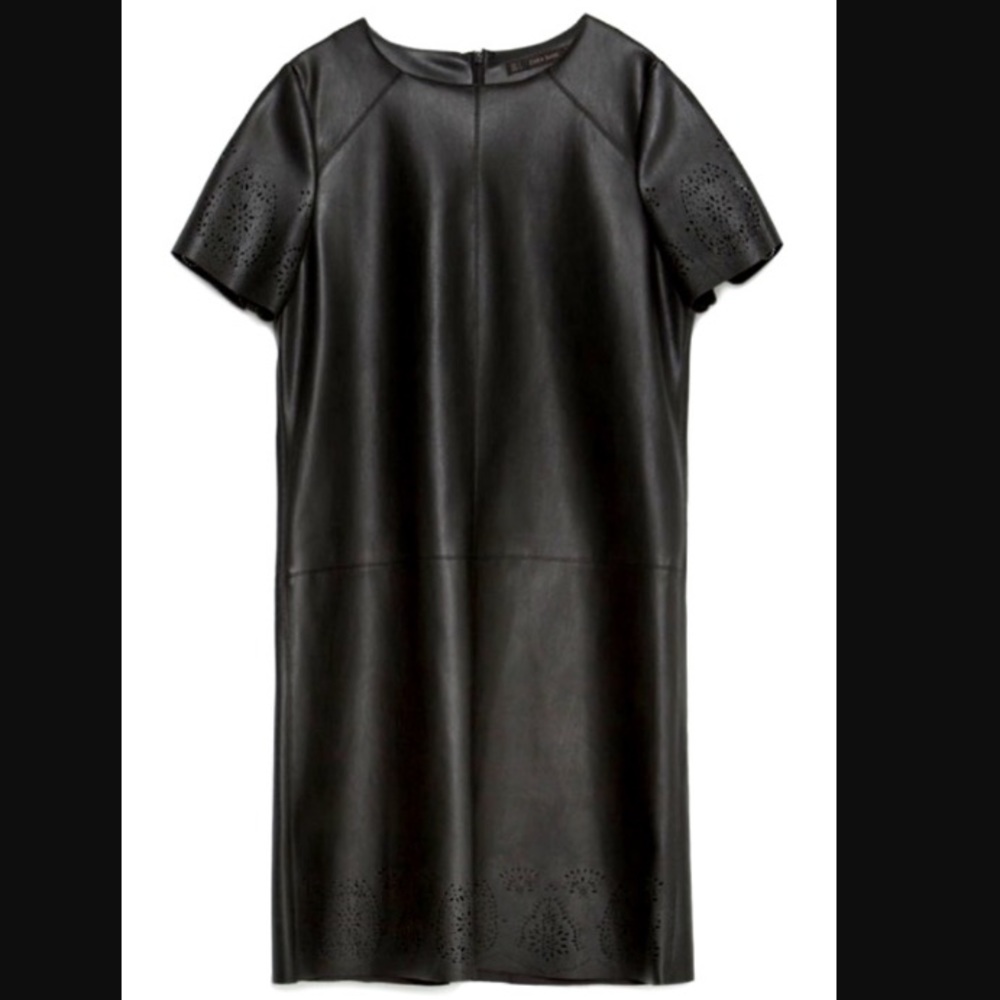 Zara Black Faux Leather Short Sleeve Dress NWT